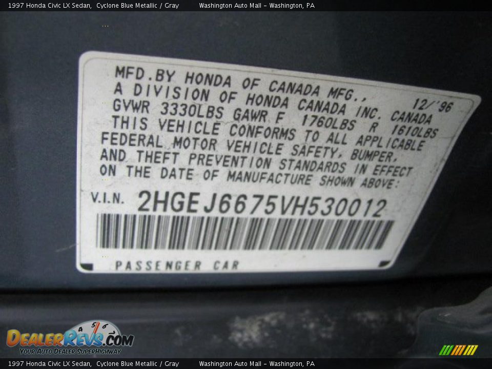 1997 Honda Civic LX Sedan Cyclone Blue Metallic / Gray Photo #19