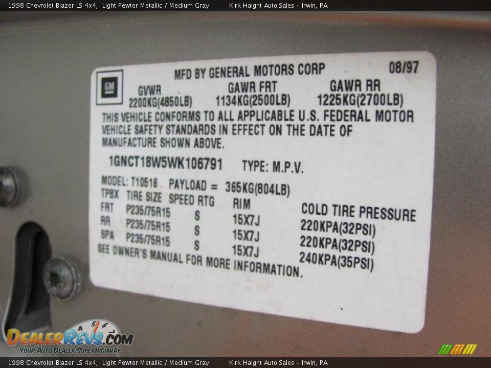 1998 Chevrolet Blazer LS 4x4 Light Pewter Metallic / Medium Gray Photo #20