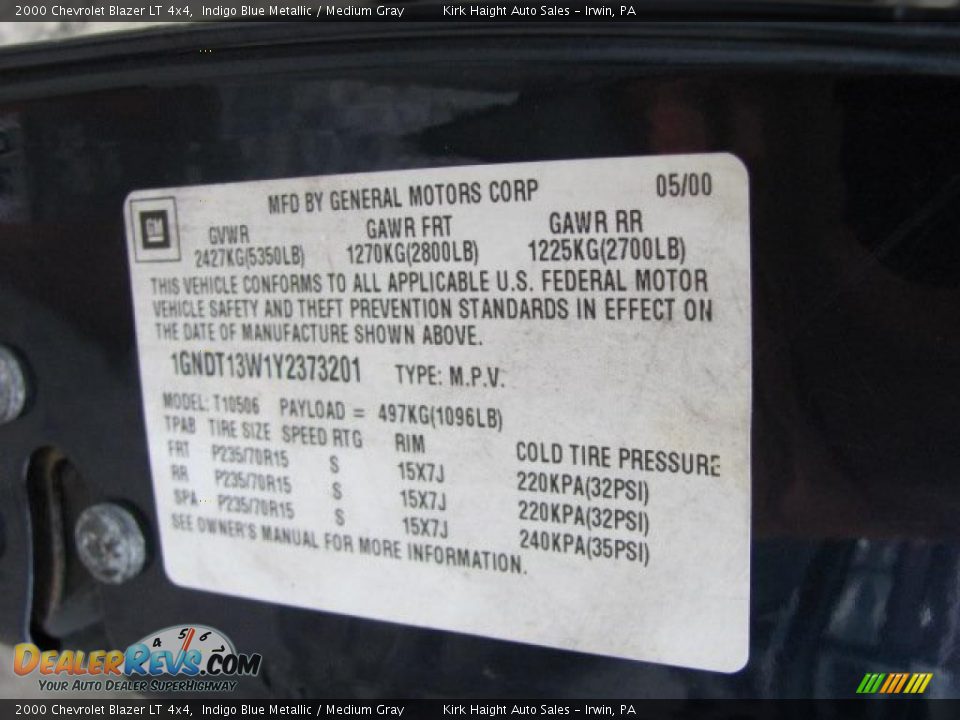 2000 Chevrolet Blazer LT 4x4 Indigo Blue Metallic / Medium Gray Photo #25