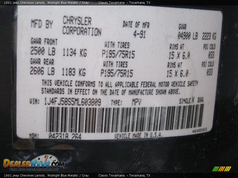 1991 Jeep Cherokee Laredo Midnight Blue Metallic / Gray Photo #20