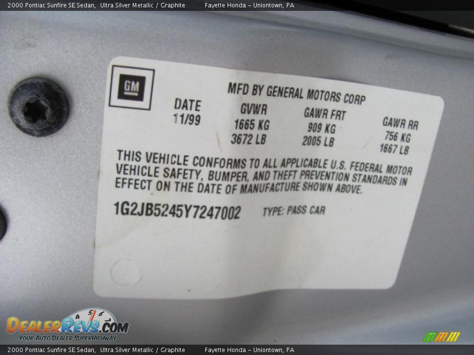 2000 Pontiac Sunfire SE Sedan Ultra Silver Metallic / Graphite Photo #19