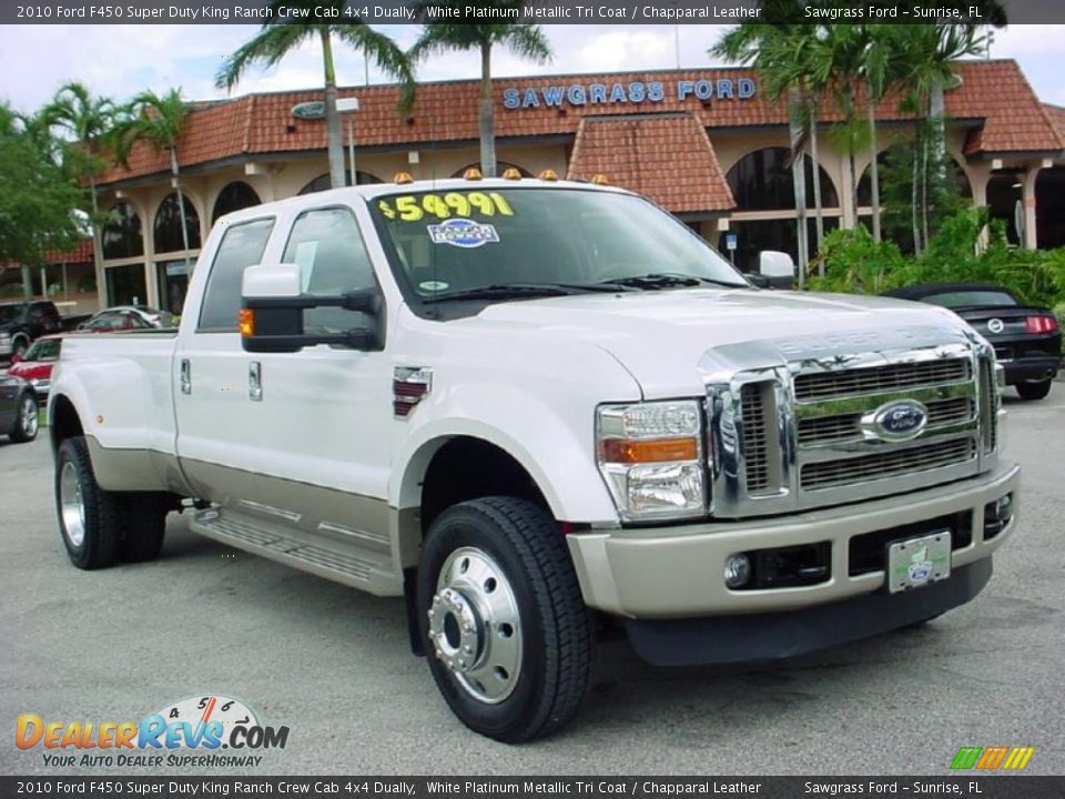 2010 Ford F450 Super Duty King Ranch Crew Cab 4x4 Dually White Platinum Metallic Tri Coat / Chapparal Leather Photo #1