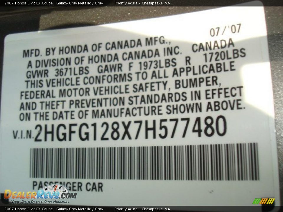 2007 Honda Civic EX Coupe Galaxy Gray Metallic / Gray Photo #24