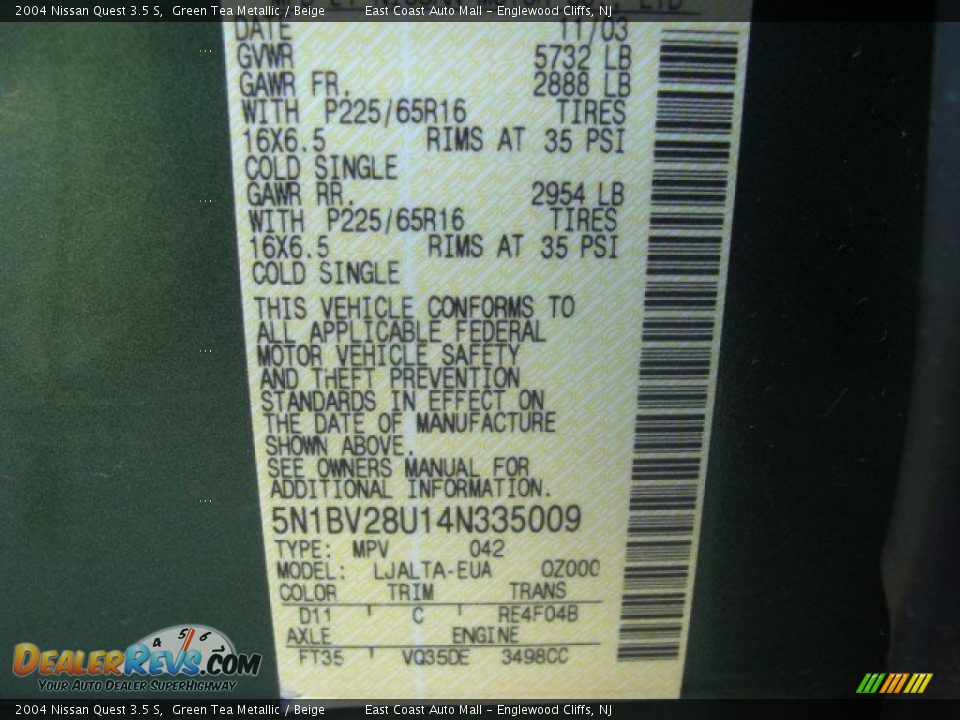 2004 Nissan Quest 3.5 S Green Tea Metallic / Beige Photo #15