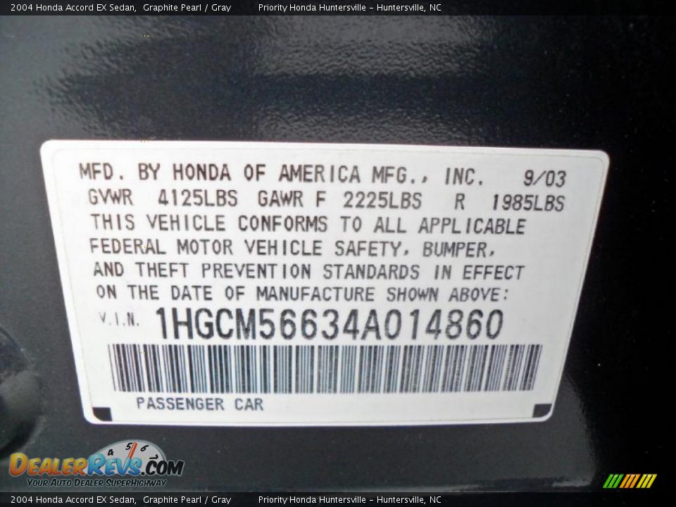 2004 Honda Accord EX Sedan Graphite Pearl / Gray Photo #6