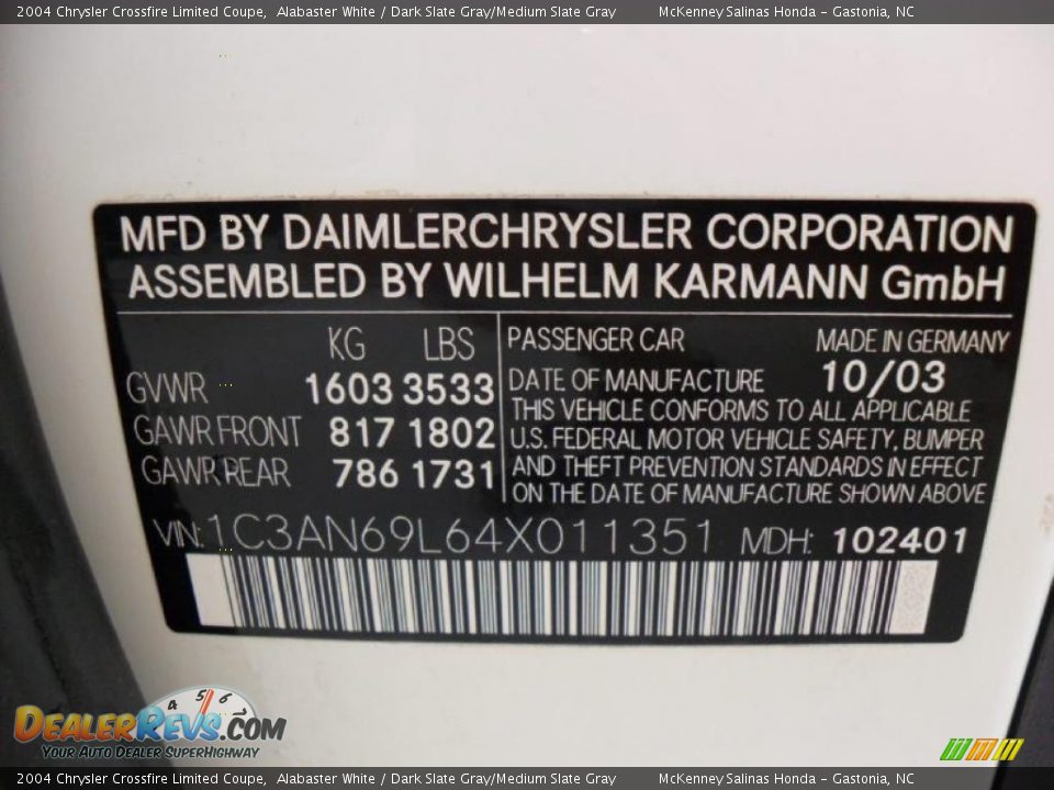 Info Tag of 2004 Chrysler Crossfire Limited Coupe Photo #7