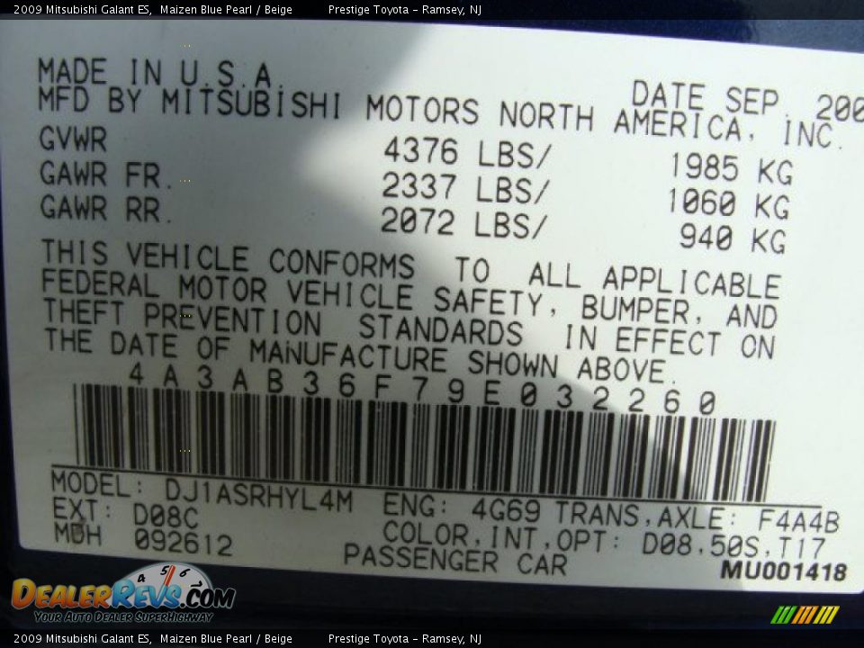 2009 Mitsubishi Galant ES Maizen Blue Pearl / Beige Photo #15