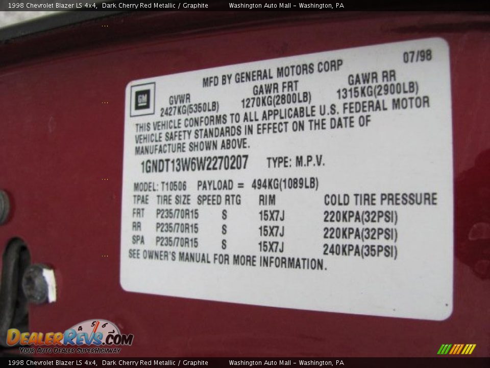 1998 Chevrolet Blazer LS 4x4 Dark Cherry Red Metallic / Graphite Photo #19