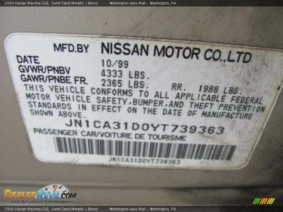 2000 Nissan Maxima GLE Sunlit Sand Metallic / Blond Photo #19