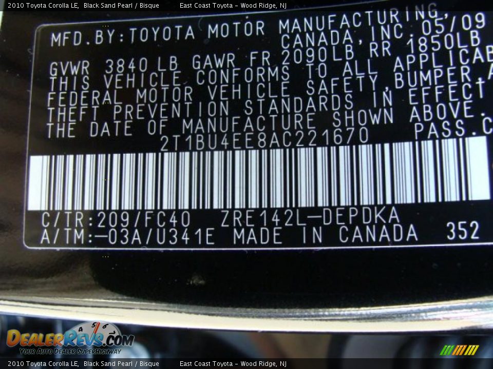 2010 Toyota Corolla LE Black Sand Pearl / Bisque Photo #14