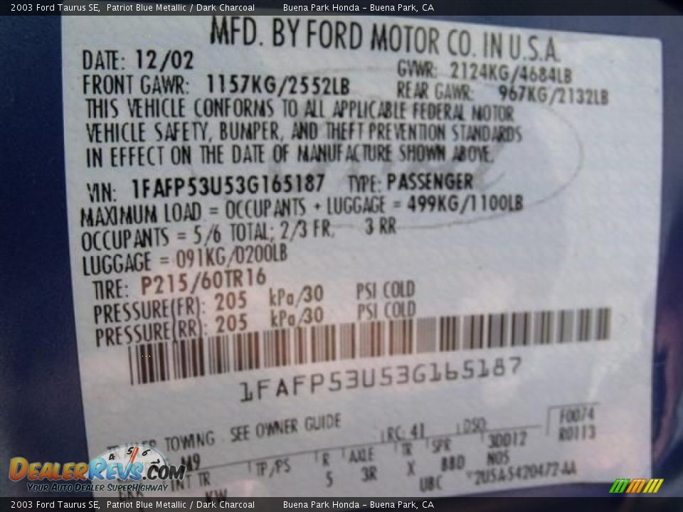 2003 Ford Taurus SE Patriot Blue Metallic / Dark Charcoal Photo #32