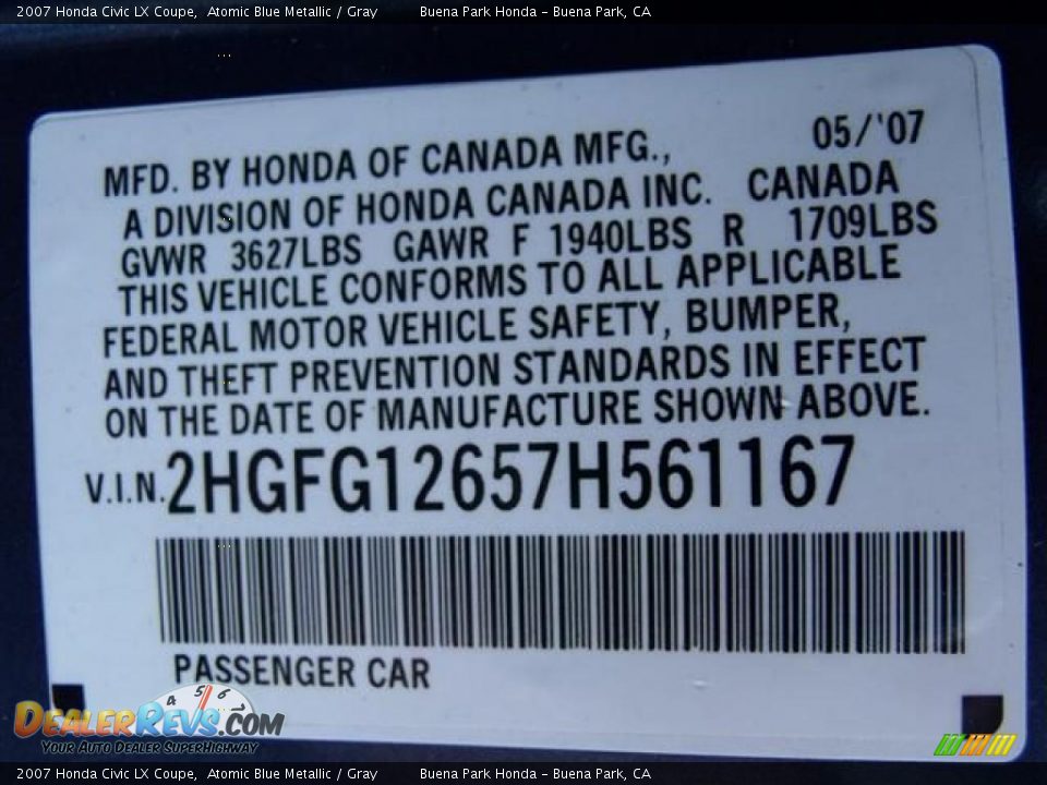 2007 Honda Civic LX Coupe Atomic Blue Metallic / Gray Photo #33