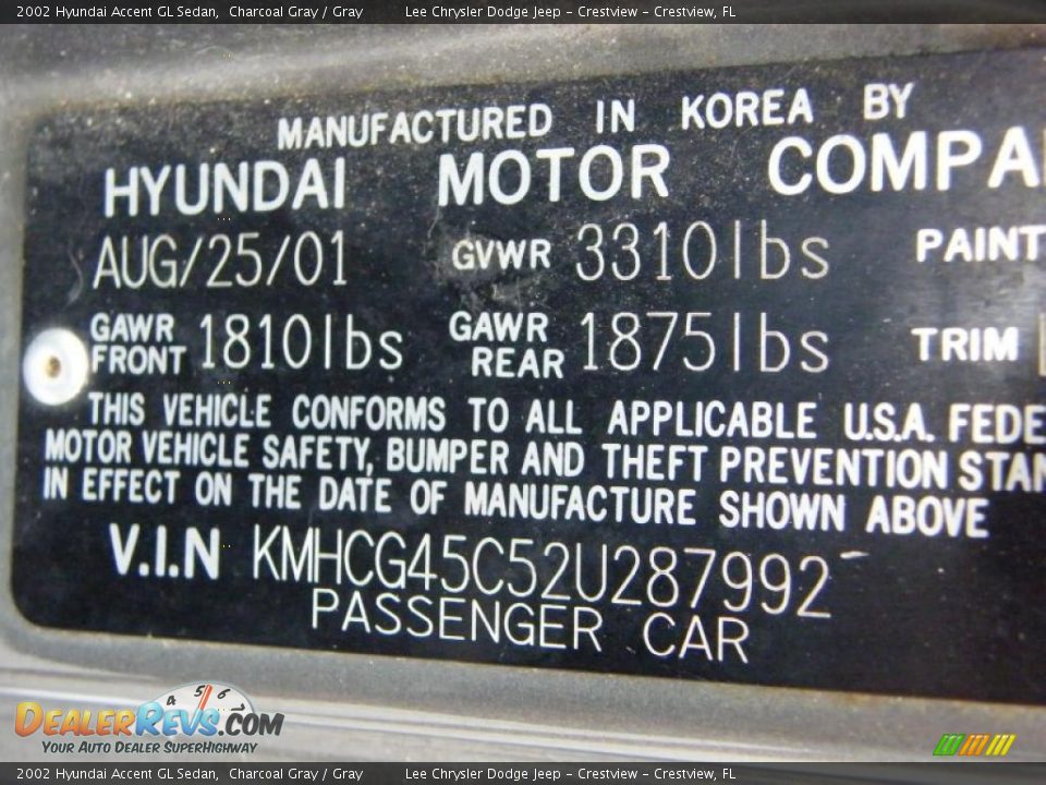 2002 Hyundai Accent GL Sedan Charcoal Gray / Gray Photo #18