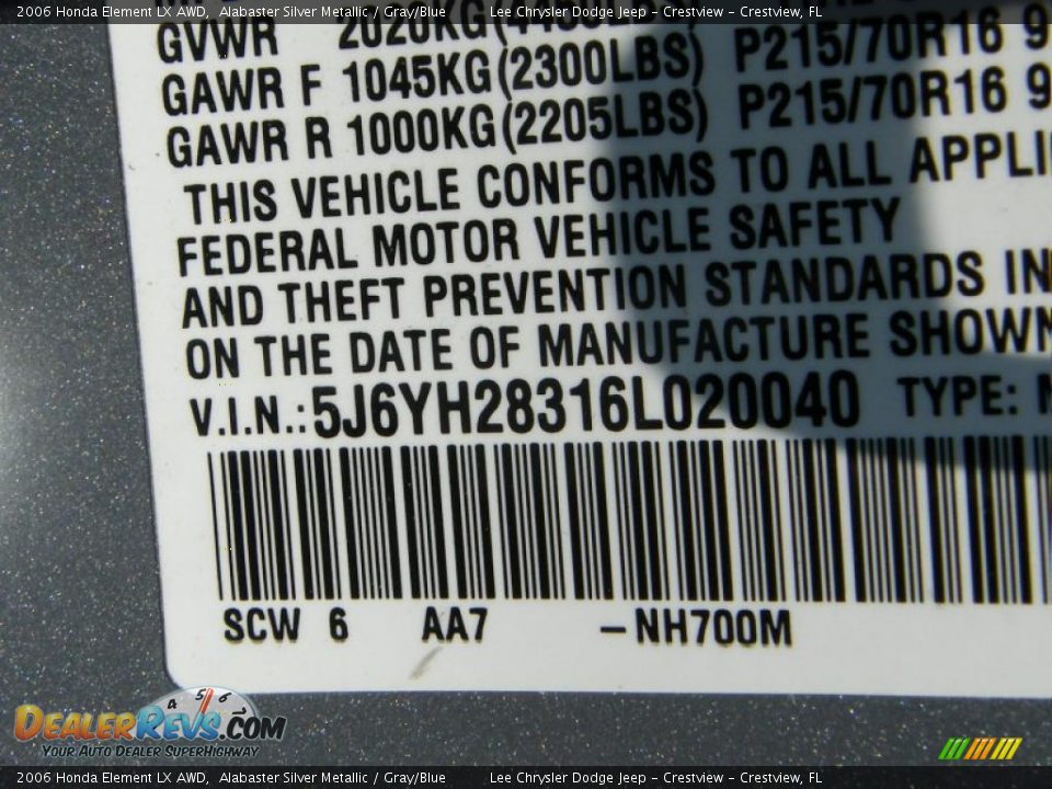 2006 Honda Element LX AWD Alabaster Silver Metallic / Gray/Blue Photo #35
