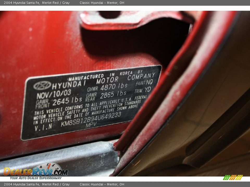 2004 Hyundai Santa Fe Merlot Red / Gray Photo #27