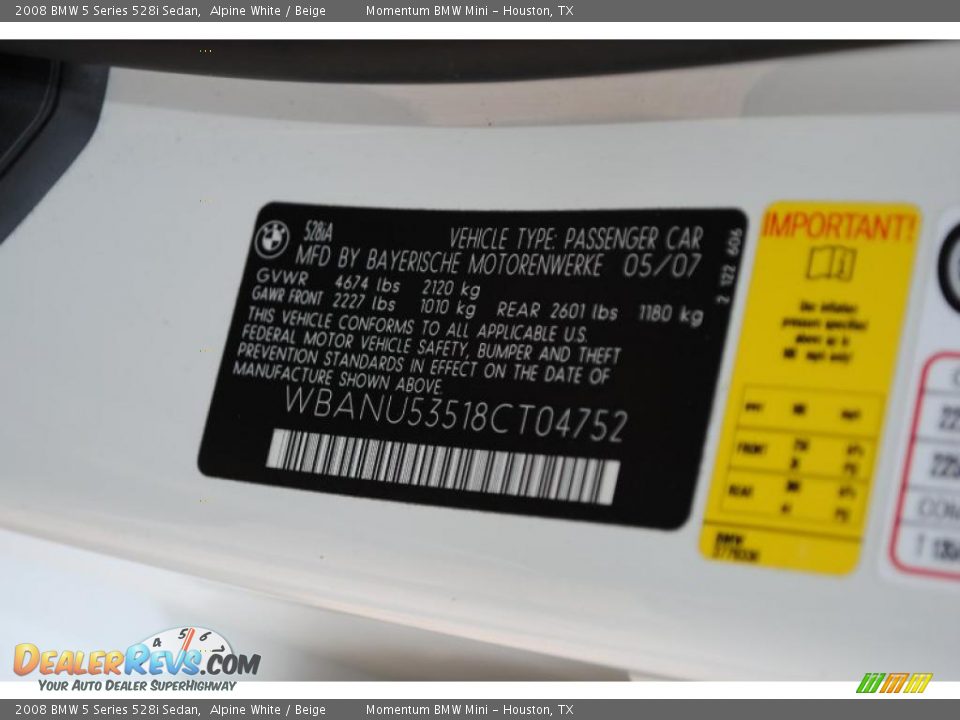 2008 BMW 5 Series 528i Sedan Alpine White / Beige Photo #14