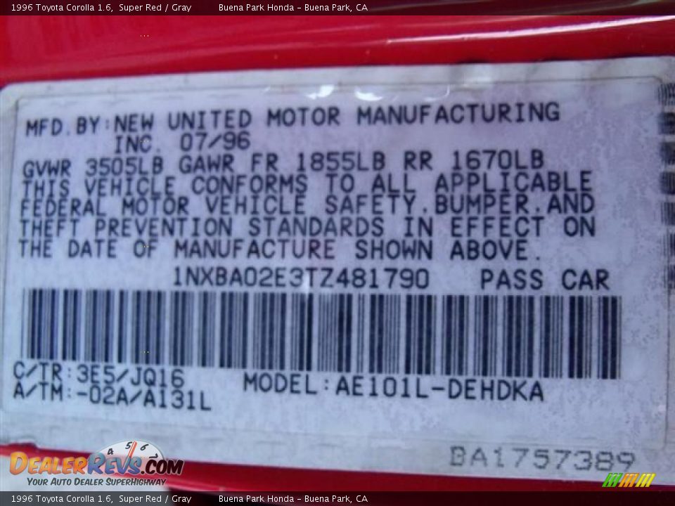 1996 Toyota Corolla 1.6 Super Red / Gray Photo #34