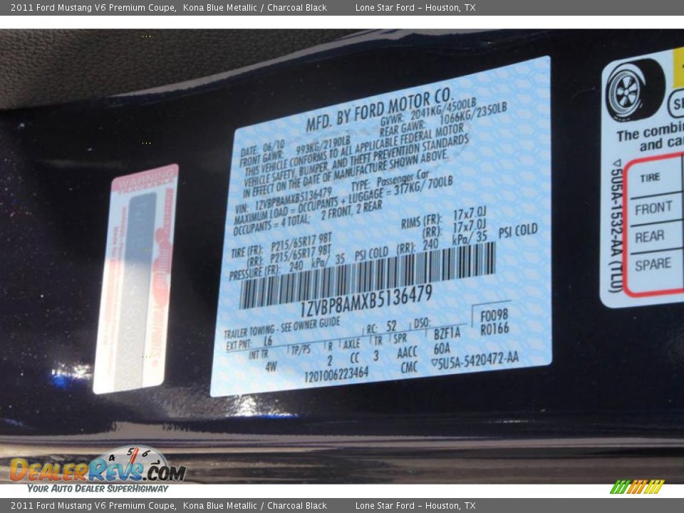 2011 Ford Mustang V6 Premium Coupe Kona Blue Metallic / Charcoal Black Photo #7