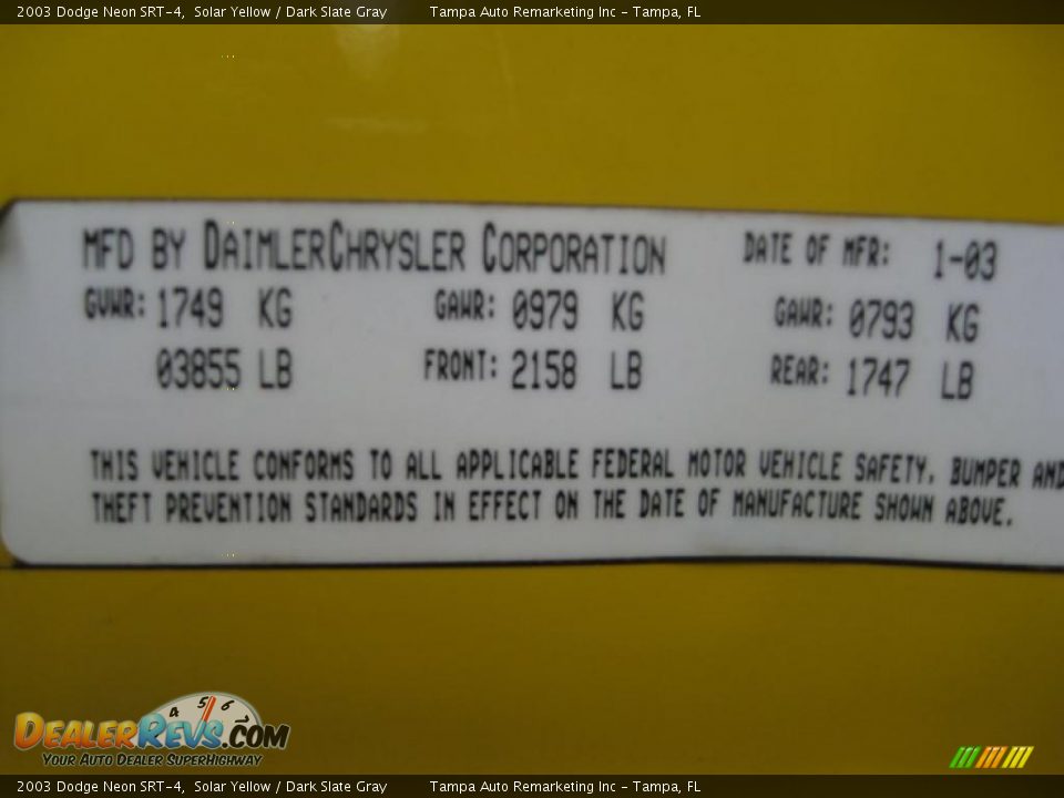 2003 Dodge Neon SRT-4 Solar Yellow / Dark Slate Gray Photo #36