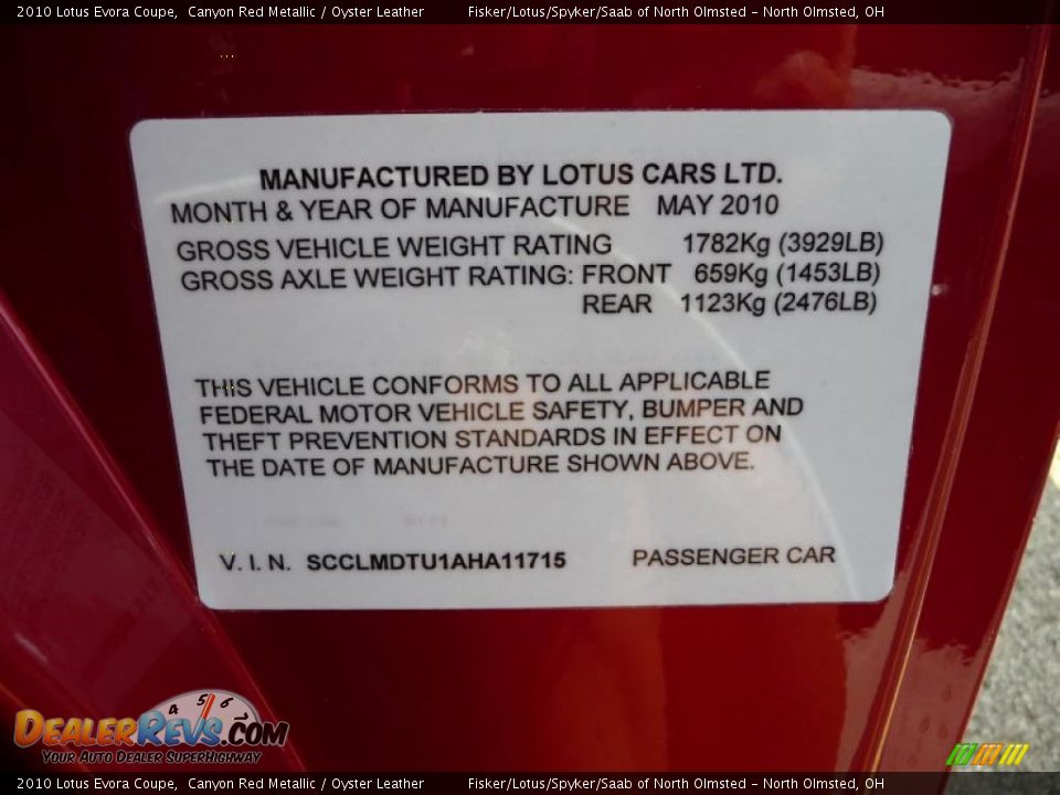 2010 Lotus Evora Coupe Canyon Red Metallic / Oyster Leather Photo #19