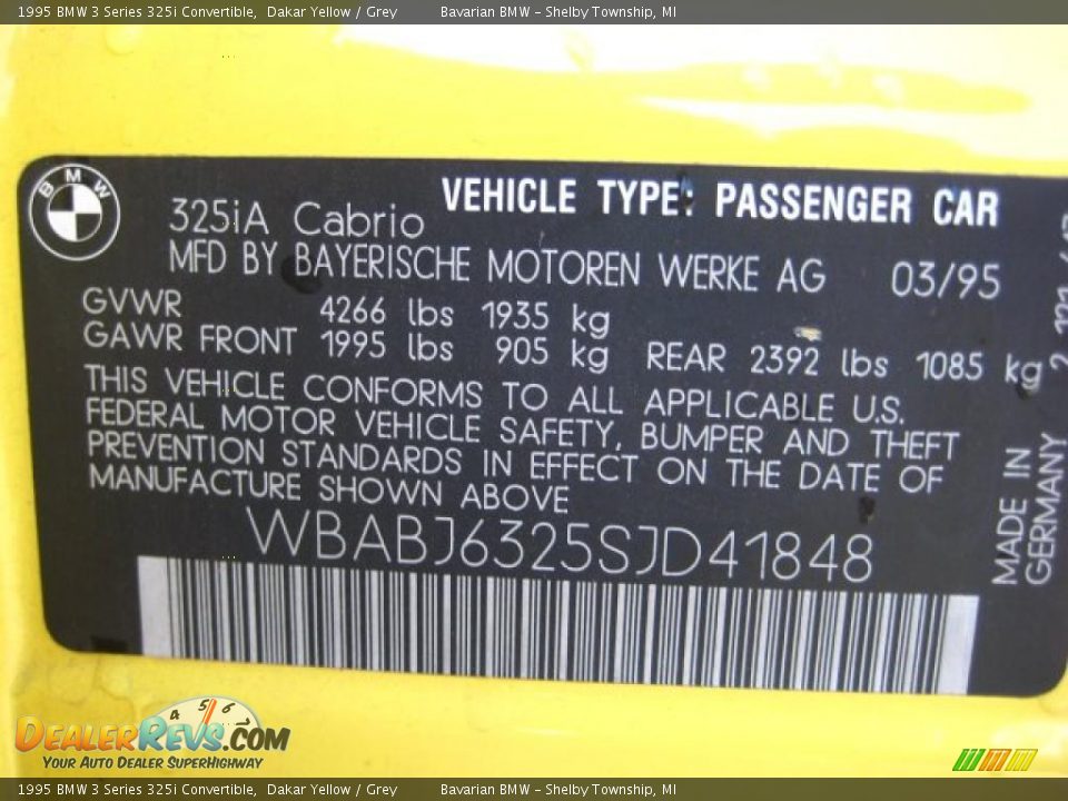 1995 BMW 3 Series 325i Convertible Dakar Yellow / Grey Photo #16