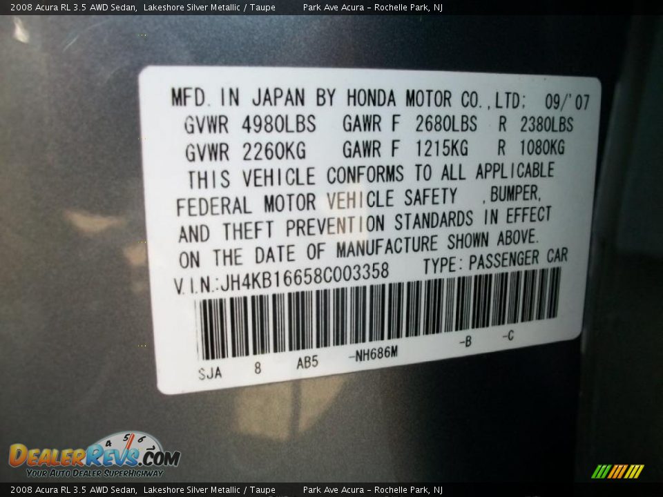 2008 Acura RL 3.5 AWD Sedan Lakeshore Silver Metallic / Taupe Photo #33