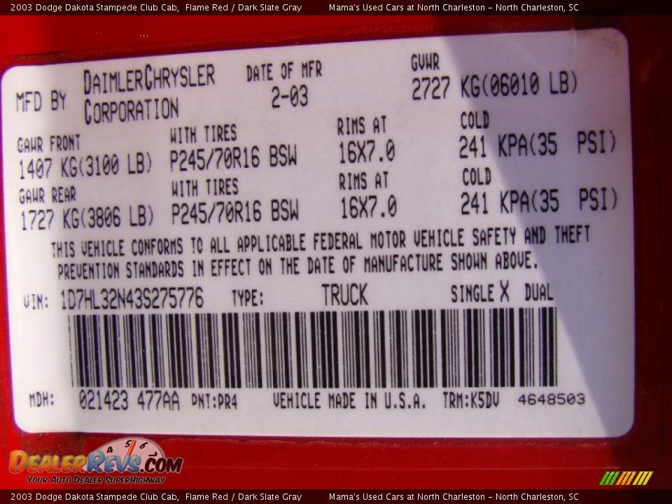 2003 Dodge Dakota Stampede Club Cab Flame Red / Dark Slate Gray Photo #22