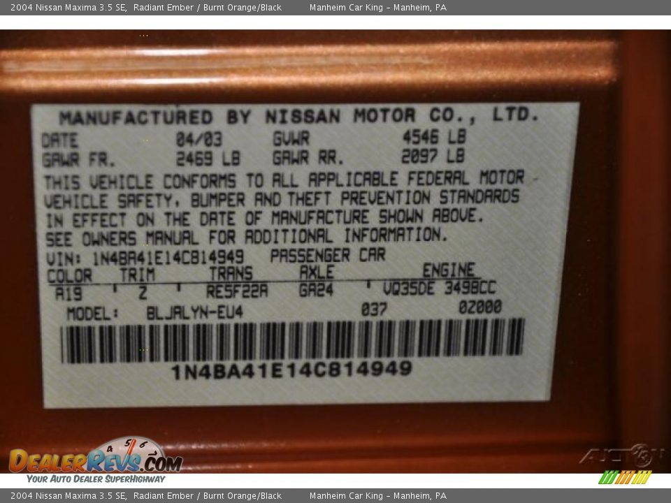 2004 Nissan Maxima 3.5 SE Radiant Ember / Burnt Orange/Black Photo #11