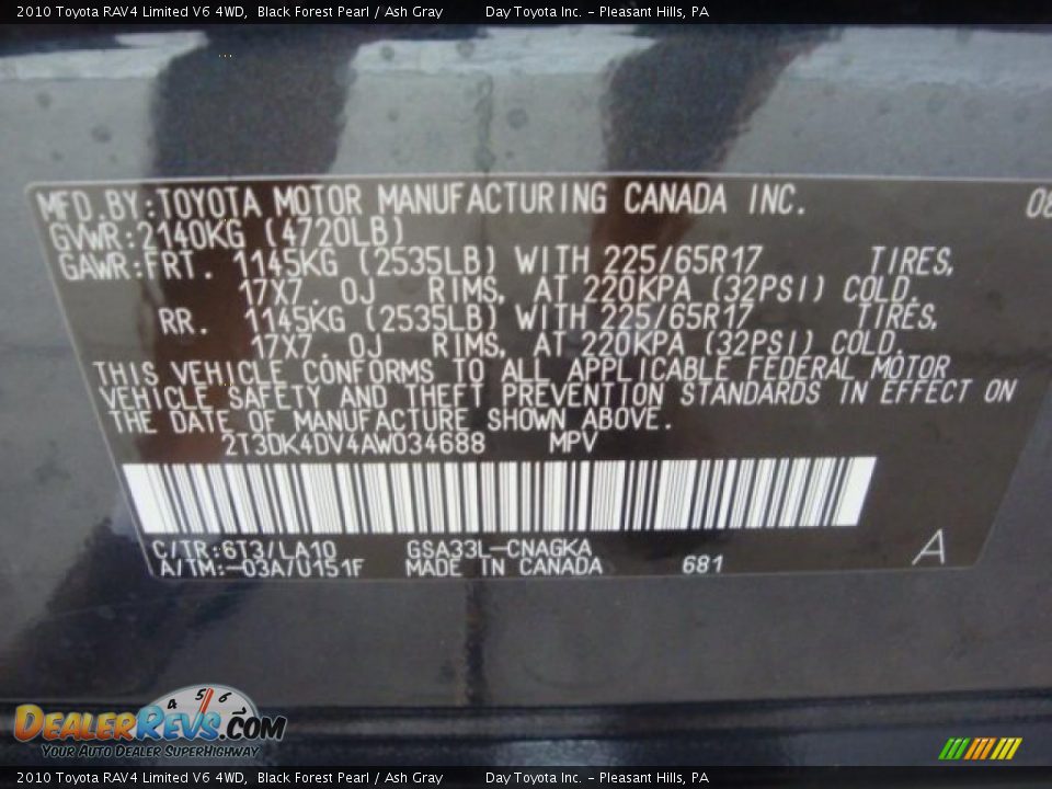 2010 Toyota RAV4 Limited V6 4WD Black Forest Pearl / Ash Gray Photo #14