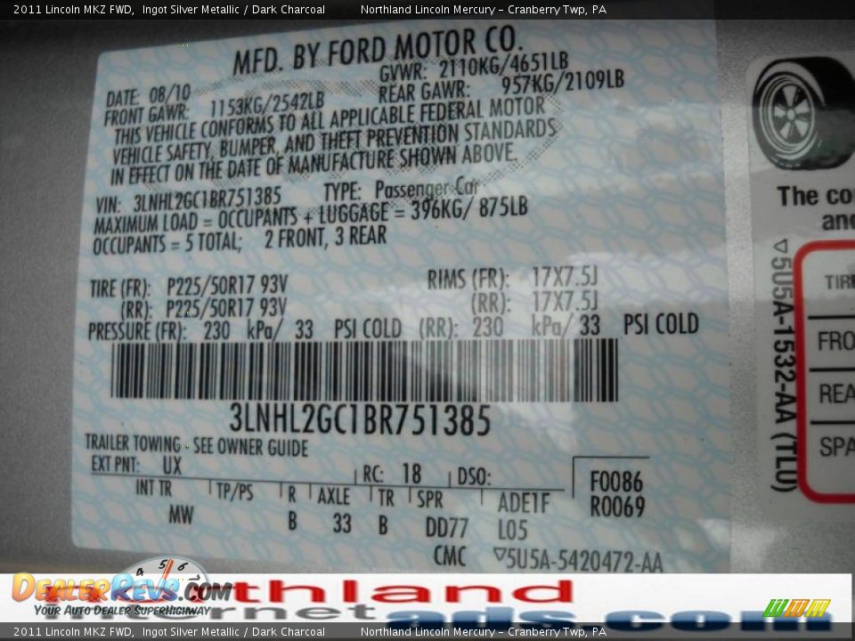 2011 Lincoln MKZ FWD Ingot Silver Metallic / Dark Charcoal Photo #9