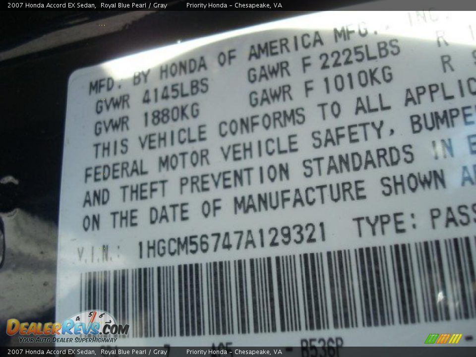 2007 Honda Accord EX Sedan Royal Blue Pearl / Gray Photo #21