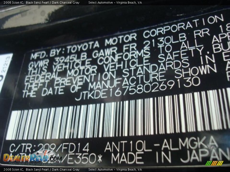 2008 Scion tC Black Sand Pearl / Dark Charcoal Gray Photo #22