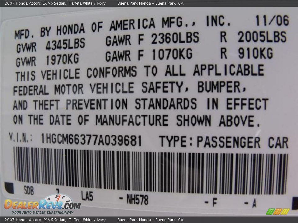 2007 Honda Accord LX V6 Sedan Taffeta White / Ivory Photo #33