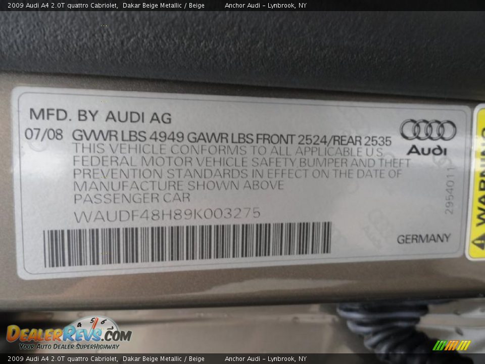 2009 Audi A4 2.0T quattro Cabriolet Dakar Beige Metallic / Beige Photo #17