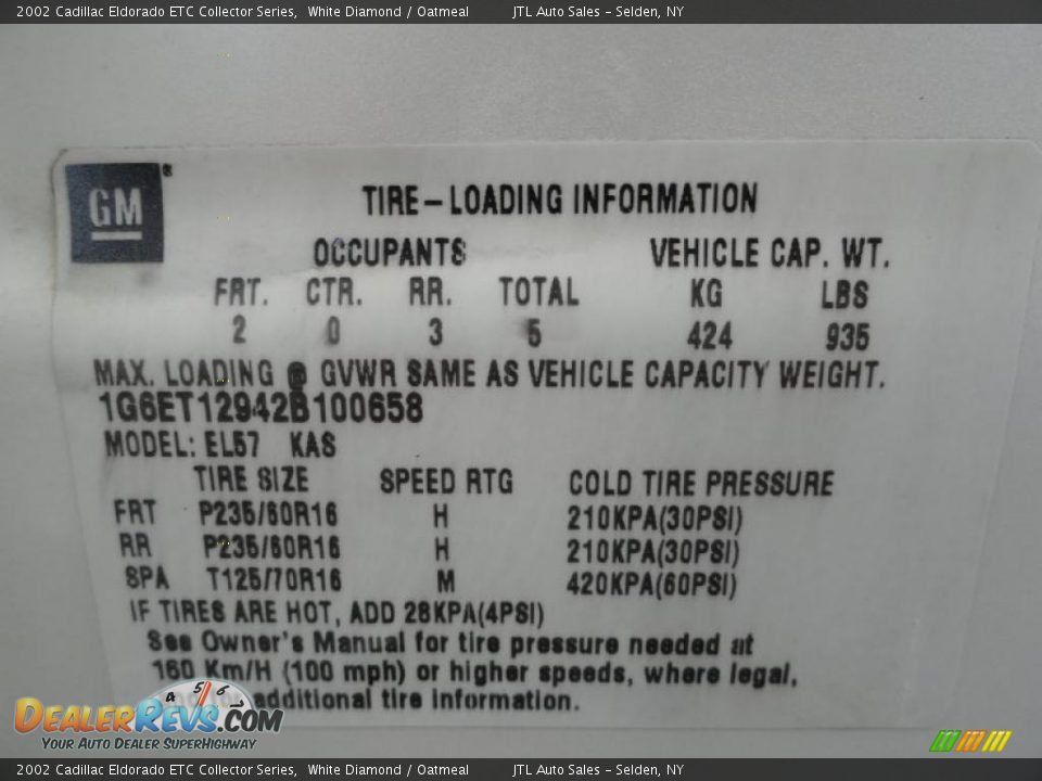 2002 Cadillac Eldorado ETC Collector Series White Diamond / Oatmeal Photo #17