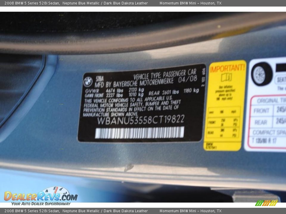 2008 BMW 5 Series 528i Sedan Neptune Blue Metallic / Dark Blue Dakota Leather Photo #14
