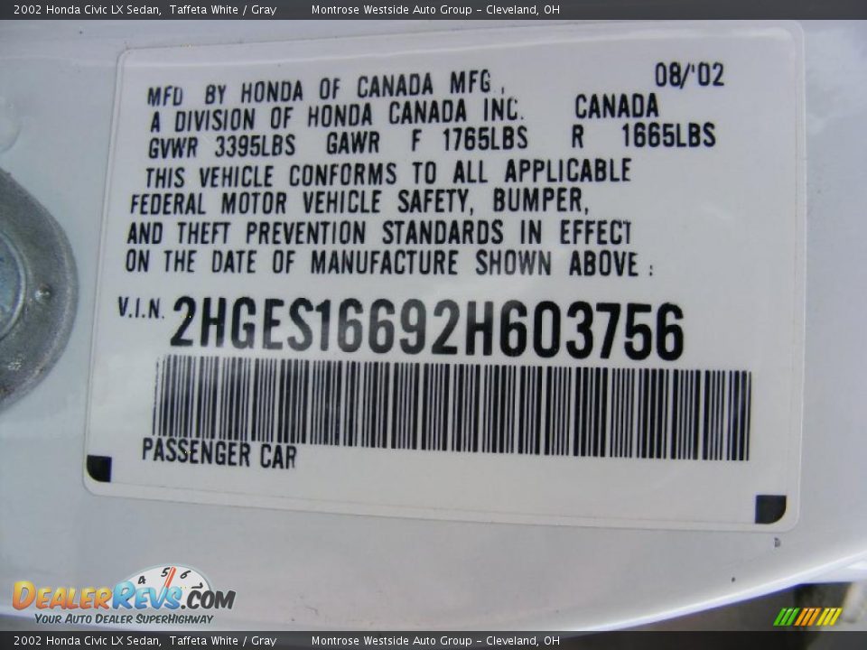 Info Tag of 2002 Honda Civic LX Sedan Photo #32