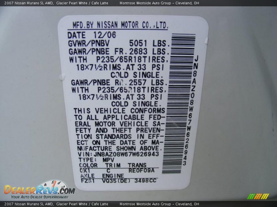 2007 Nissan Murano SL AWD Glacier Pearl White / Cafe Latte Photo #32