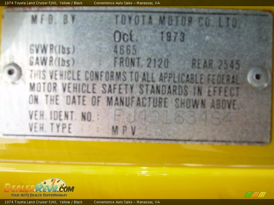 1974 Toyota Land Cruiser FJ40 Yellow / Black Photo #18