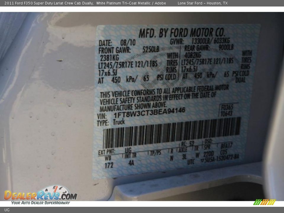 Ford Color Code UG White Platinum Tri-Coat Metallic