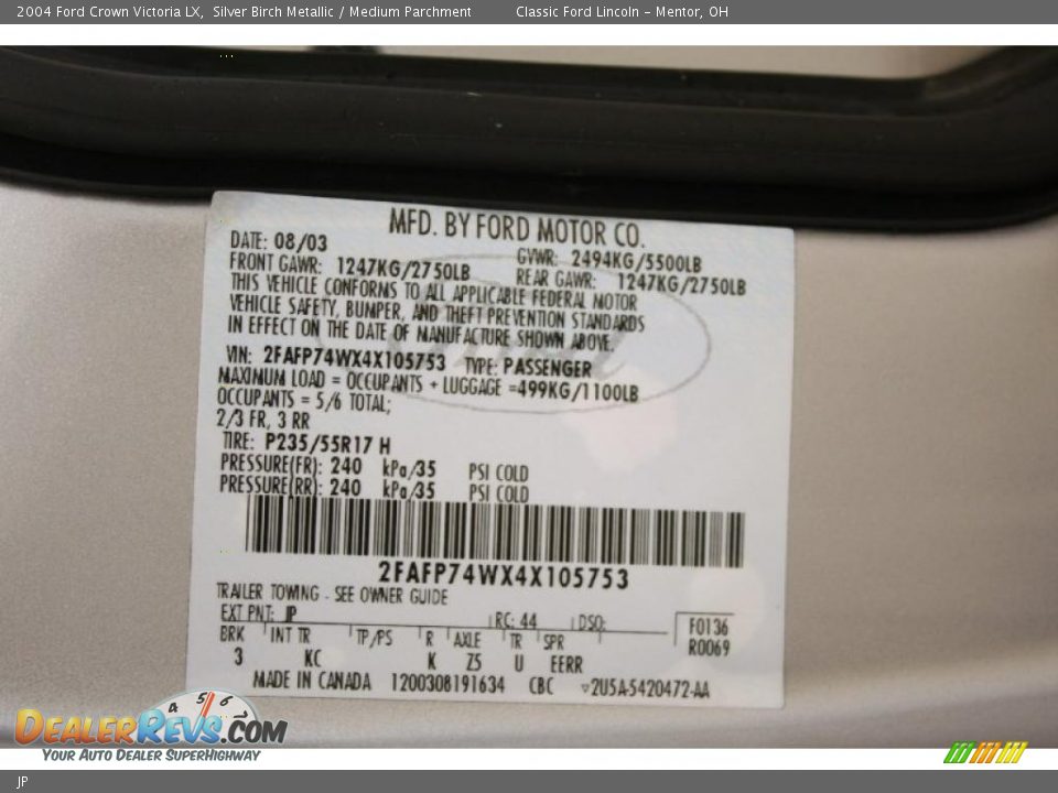 Ford Color Code JP Silver Birch Metallic