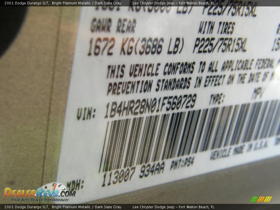 2001 Dodge Durango SLT Bright Platinum Metallic / Dark Slate Gray Photo #36