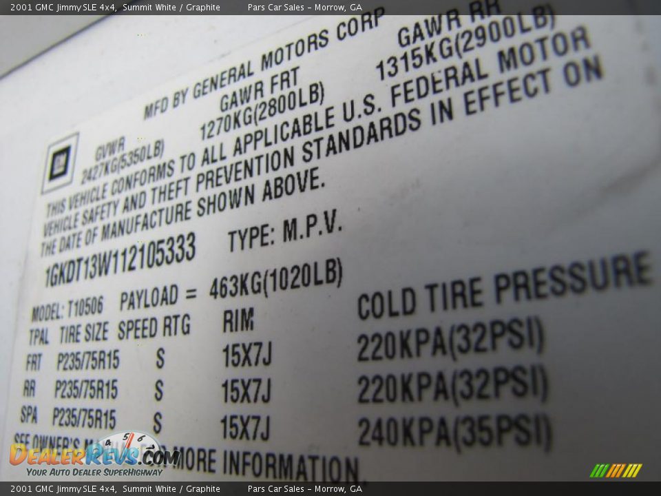 2001 GMC Jimmy SLE 4x4 Summit White / Graphite Photo #15