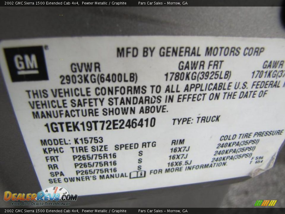 Info Tag of 2002 GMC Sierra 1500 Extended Cab 4x4 Photo #13