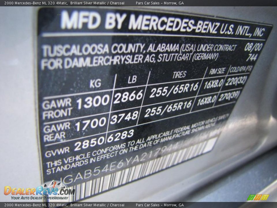 2000 Mercedes-Benz ML 320 4Matic Brilliant Silver Metallic / Charcoal Photo #15