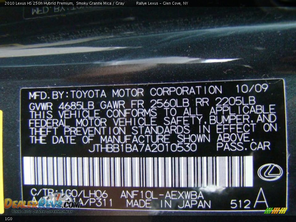 Lexus Color Code 1G0 Smoky Granite Mica