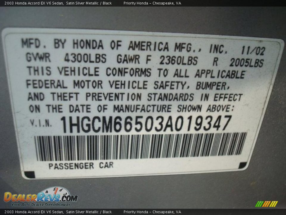 2003 Honda Accord EX V6 Sedan Satin Silver Metallic / Black Photo #27