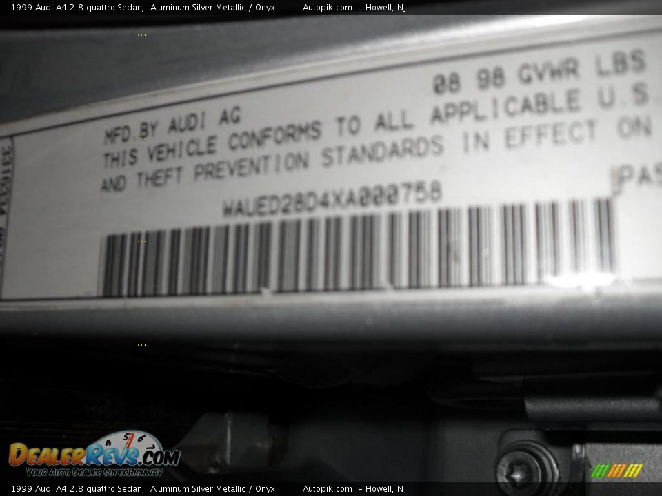 1999 Audi A4 2.8 quattro Sedan Aluminum Silver Metallic / Onyx Photo #15