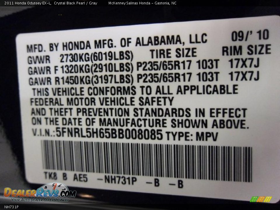 Honda Color Code NH731P Crystal Black Pearl