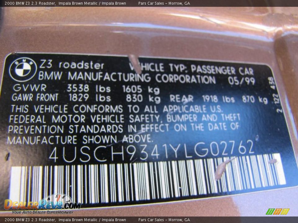 Info Tag of 2000 BMW Z3 2.3 Roadster Photo #12